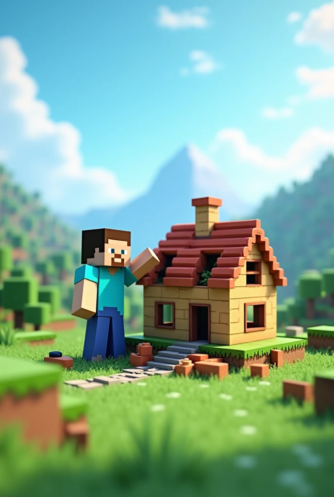 Make a picture of 3d and animated minecraft where steve making his first house make it landscape horizontal 