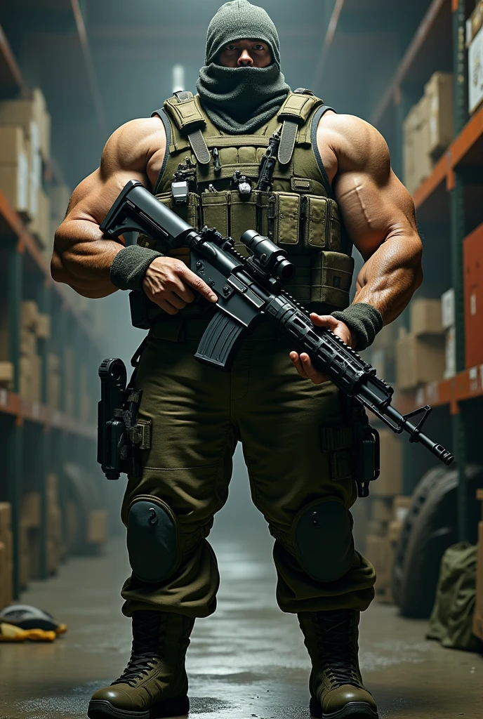ultra realistic 8k, A white man. Heavy Infantry Army Soldier(ultra reslista). He wears a camouflage balaclava . Muscular and corpulent physique of 2,30 meters high(Realist 8K). He wears a Brazilian army uniform and wears a 6b43 full-body war vest.(Realist 8K). he uses a lot of heavy equipment on it(detailed relist 8k). he is in a barracks. He holds a MK3 machine gun with a large magazine.. Ele se assemelha a um juggetnaut.