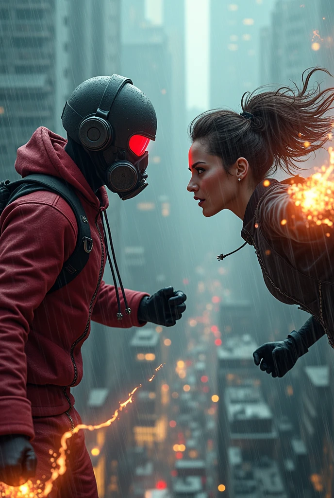 Young Star-lord with red hoodie, headphones, star-lord helmet, gas helmet, covered mouth, round red eyes, Red eyes, magic rings in the hands and rocket boots vs, videl, Fighting, power, fiction, full body, fall, fire in boots, poweful spells, realistic, helmet, mask, confrontation, punch, gun, flying in the sky, view of the city from above, rain, fighting, Black gloves, ocean floor, face cover, free hair, front cover