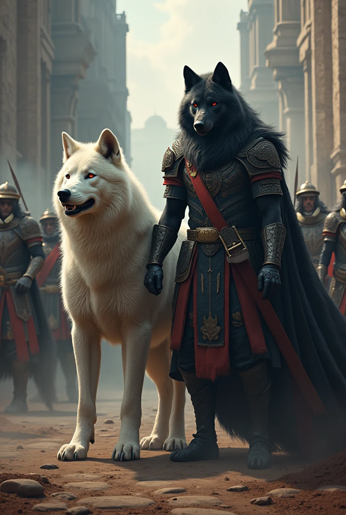 Army of big wolves and male soldiers the immaculate ancient soldiers. 
In front of them two imposing werewolves, a white Alpha and a black Alpha with red eyes leading and guiding them War scene The soldiers on the right, wolves on the left, joined, wolf pack, Pack.
being guided by the alphas.
