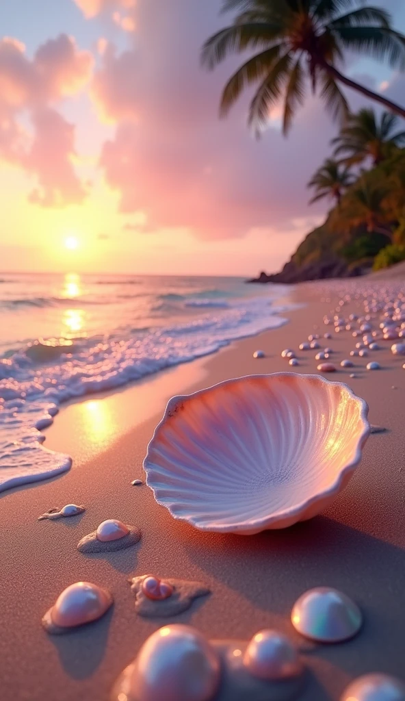 Capture a vibrant and serene beach scene at sunset, showcasing a stunning array of glossy, oversized seashells and pearls scattered along the sandy shore. The photo should feature a dreamy color palette of pinks, purples, and soft blues, with the setting sun casting a warm, golden glow across the ocean waves and the shells. The water should have gentle ripples, reflecting the pastel hues of the sky, while the shells and pearls glisten with a smooth, iridescent finish. Include a few palm trees in the background, with their silhouettes softly lit by the fading sunlight. The overall composition should evoke a sense of tranquility, beauty, and artistic elegance, perfect for enhancing the visual appeal of a website focused on serene and enchanting imagery