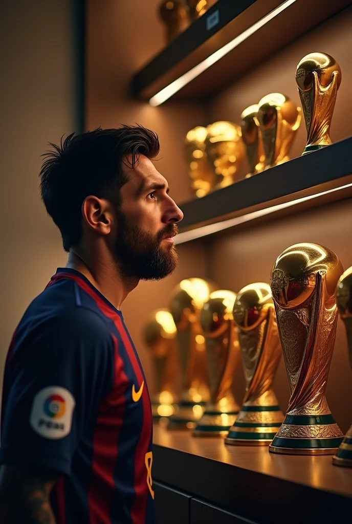 Lionel Messi with all his trophies on a shelf and looking at them the World Cup appears, America's Cup, golden boots and golden balls