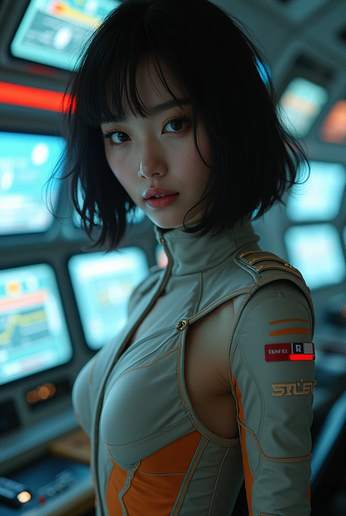 Realistic full-body photography of a beautiful and Alien Korean mature woman, She is considered one of the most beautiful races in the galaxy., With a seductive face, eyes and lips, bob-style hair to mid-shoulder, some hair falls to the middle of the face making them more beautiful to see, They wear sexy military uniforms that stick to their bodies in multi-colored colors., They are in the Control Center of the intergalactic Space Station.. hyper-realistic, sharp photo, 10.