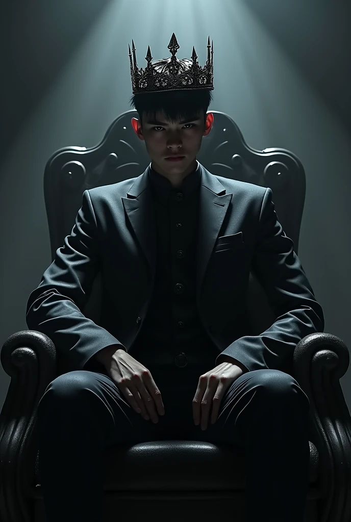 Prince of the black kingdom a crown with shadow details black suit on a throne with black shadow details with short black hair