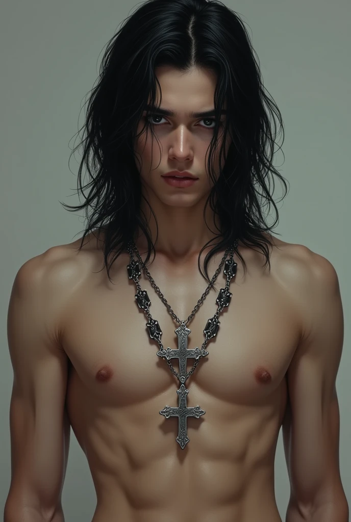 Shirtless long black hair boy with cross chain 