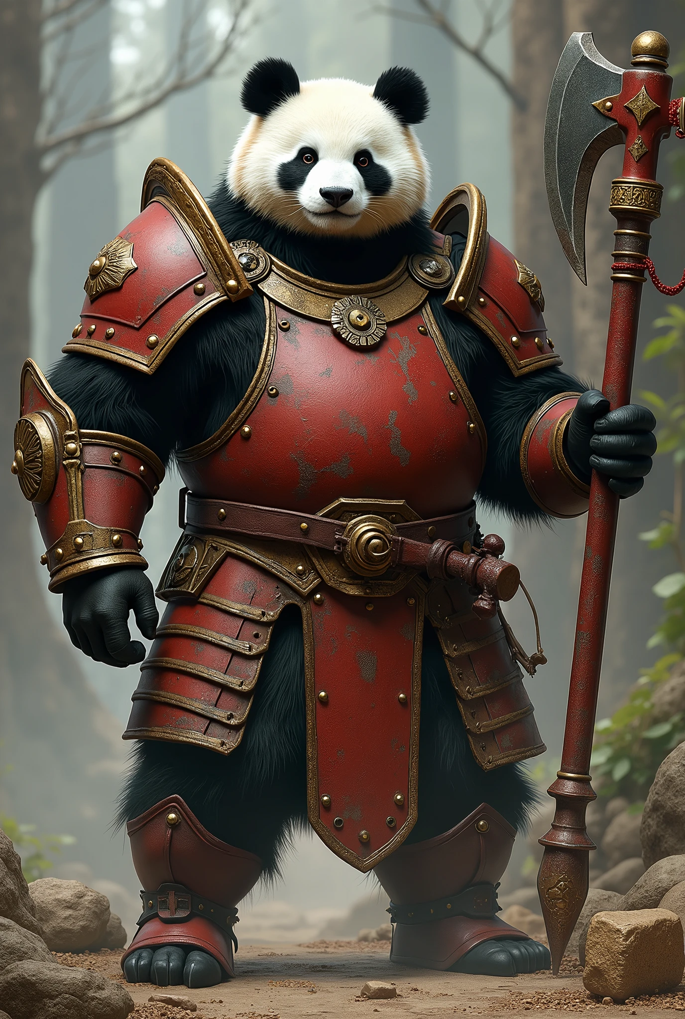 Pandorion is a warrior panda with medieval armor all made of red and green steel with some rusty details, he carries in his right hand a giant iron axe with golden and red handles.