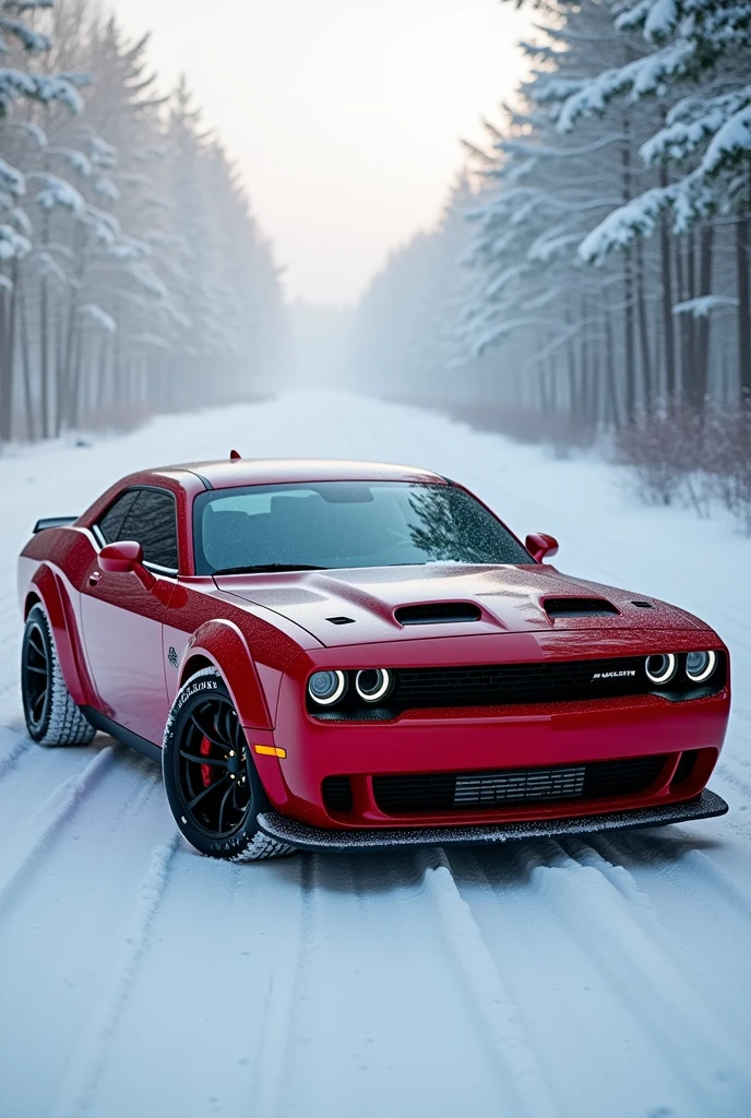 Dodge Challenger SRT Hellcat Redeye in snow falling 