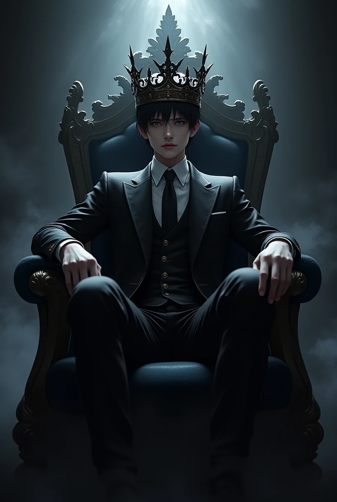 Prince of the black kingdom a crown with shadow details black suit on a throne with black shadow details with short black hair