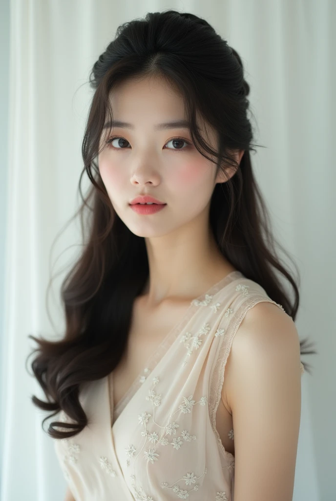 A Korean woman with long hair, with 60's style hairstyle, wearing a 60s style dress. Photo on a white background, with 60's camera quality.