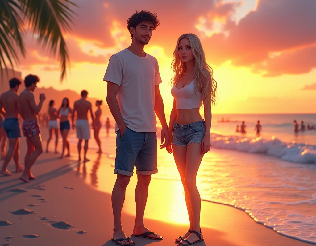 A hyper-realistic, ultra HD 8K anime-style image depicting a young man and woman standing together on a beach at sunset. The young man is dressed in a summer outfit, wearing a casual T-shirt, and shorts, paired with sandals. The young woman is wearing a summer outfit as described: a crop top, denim shorts, and flat sandals. The background features a lively beach party with people dancing and enjoying the evening. The sunset casts warm, golden light over the scene, reflecting on the ocean waves. The overall atmosphere is vibrant and full of summer energy, with detailed, vivid colors and sharp focus on the characters and the environment