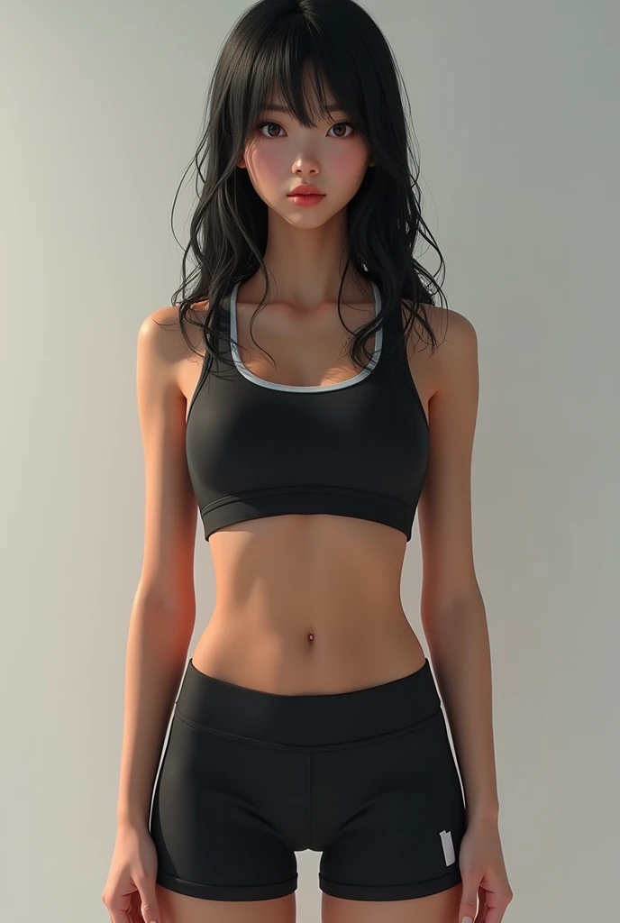 ((best quality)), ((masterpiece)), (detailed)), ((realistic)), hyper-detail dark asian girl, wearing basketball jersey, slim waist, slim hips, small chest, Running tights, straight black hair, strong jaw, black slim eyes , human, young, thick muscular thighs, real person, real photo