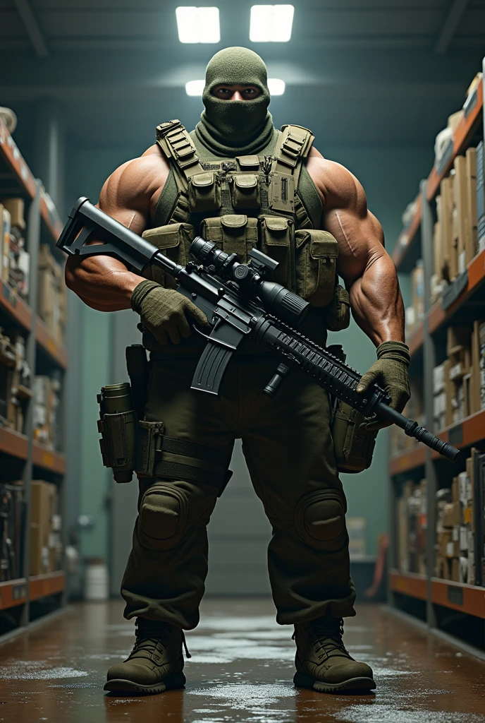 ultra realistic 8k, A white man. Heavy ry Army Soldier(ultra reslista). He wears a camouflage balaclava . Muscular and corpulent physique of 2,30 meters high(Realist 8K). He wears a Brazilian army uniform and wears a 6b43 full-body war vest.(Realist 8K). he uses a lot of heavy equipment on it(detailed relist 8k). he is in a barracks. He holds a MK3 machine gun with a large magazine.. Ele se asseme a um juggetnaut.