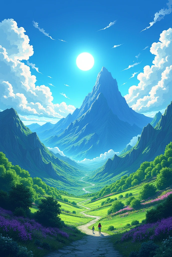 Landscape mountain Green ghibli widescreen sun Pixel art