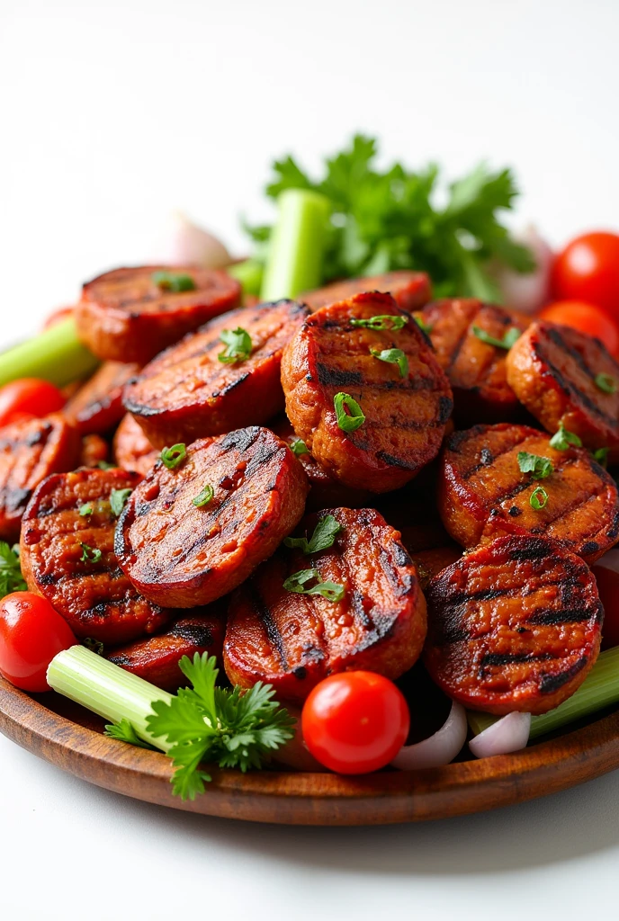 A dish of large spicy meats with tomatoes, celery, onions…on a wooden plate in the center of a white background