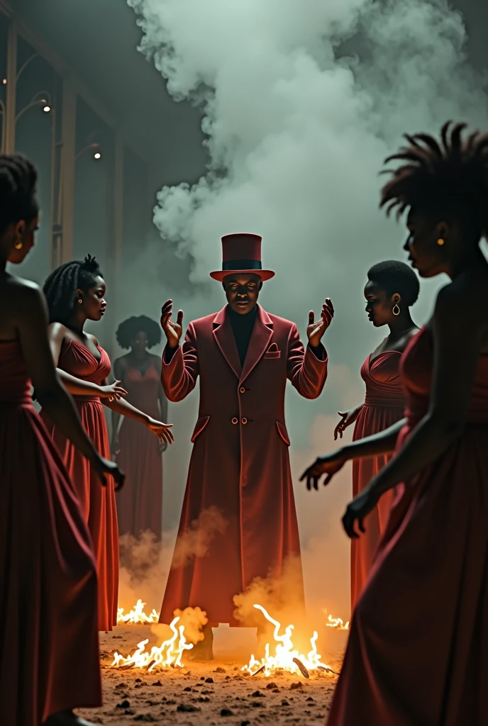Black women dancing around fire and smoke with a nedium sized White male wearing a velvet suit with a velvet top hat doing Voodoo
