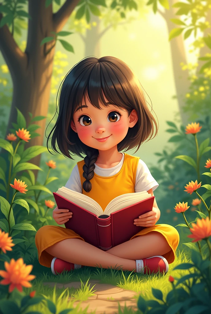 a beautiful detailed illustration of creative drawings about education, 1girl, sitting in a garden, reading a book, smiling, warm natural lighting, pastel colors, soft textures, (best quality,8k,highres,masterpiece:1.2),ultra-detailed,realistic,impressionist style,intricate details,vibrant colors,natural lighting