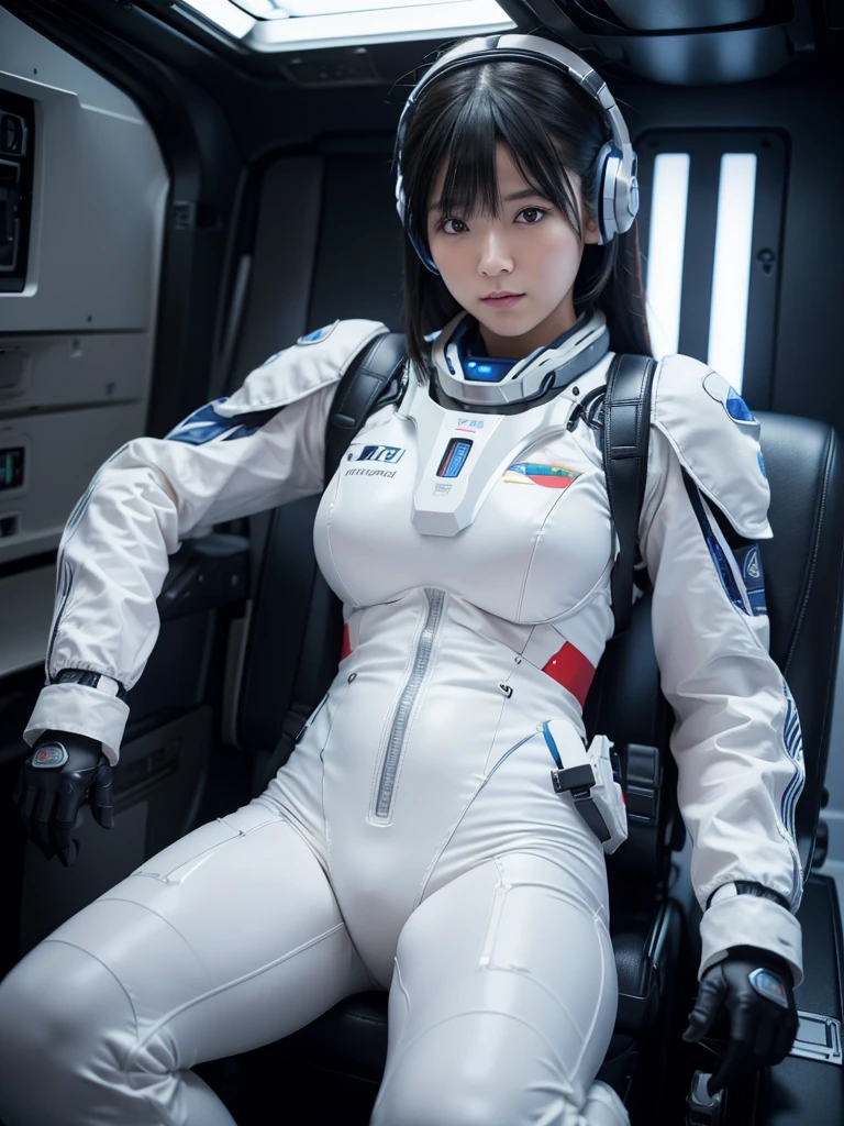 (Ultra-high resolution,Realistic,Highest quality,Photorealistic),(8k,RAW Photos,Highest quality,masterpiece),(Photon Mapping,Radio City,Physically Based Rendering,Auto White Balance),Japanese female android,Black Hair,Space Shuttle Cockpit,Large seat,Secured to the seat with a thick harness,Wearing a headset,Plump,Slightly thicker,Squat,White robot suit,There is a control panel on the chest.,Surrounded by machines,
