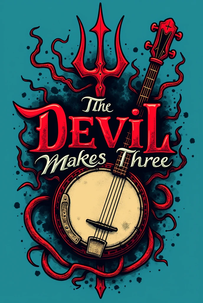 {
  "prompt": "Create a t-shirt logo for 'The Devil Makes Three' band featuring a bold and dynamic illustration of a devil’s trident intertwined with a vintage banjo or guitar. The design should be edgy and detailed, capturing the band's energetic and rebellious spirit. Use a stylized, slightly gothic or western font for the band's name 'The Devil Makes Three', with a distressed or textured look. Apply a dramatic color palette of deep red, black, and metallic gold. Ensure the logo has a transparent background but is visualized against a contrasting color background, such as electric blue or neon orange, for added emphasis.",
  "size": "1024x1024",
  "background": "transparent",
  "display_background_color": "electric blue"
}