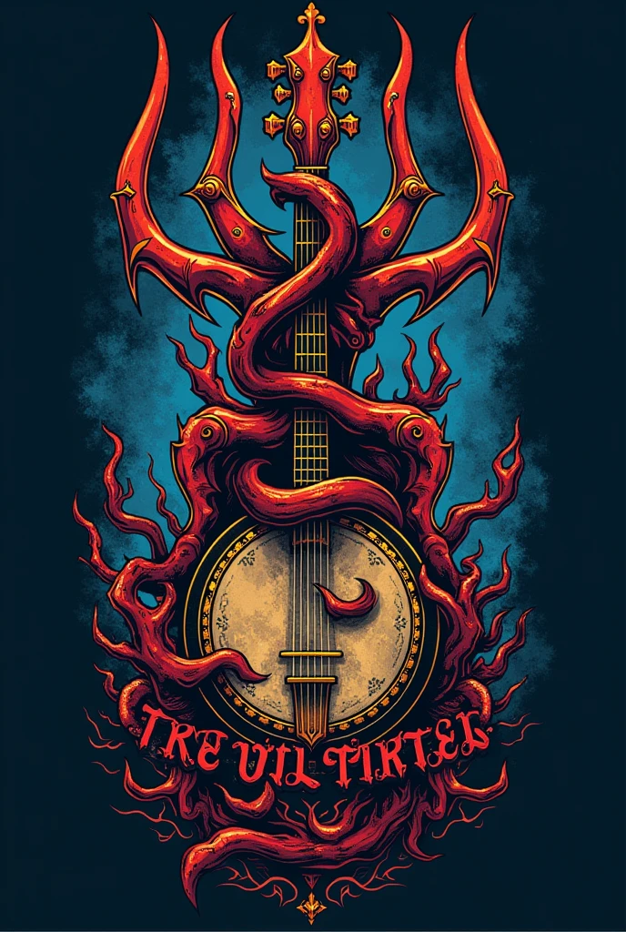 {
  "prompt": "Create a t-shirt logo for 'The Devil Makes Three' band featuring a bold and dynamic illustration of a devil’s trident intertwined with a vintage banjo or guitar. The design should be edgy and detailed, capturing the band's energetic and rebellious spirit. Use a stylized, slightly gothic or western font for the band's name 'The Devil Makes Three', with a distressed or textured look. Apply a dramatic color palette of deep red, black, and metallic gold. Ensure the logo has a transparent background but is visualized against a contrasting color background, such as electric blue or neon orange, for added emphasis.",
  "size": "1024x1024",
  "background": "transparent",
  "display_background_color": "electric blue"
}