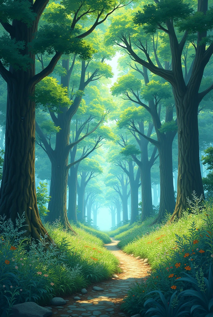 A beautiful forest with beautiful trees, anime style, realistic , wide shot