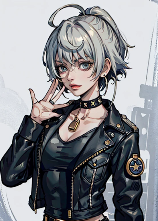 (masterpiece:1.2, best quality), (1lady, solo, upper body:1.2), Hair: pixie cut, Clothing: tight cleavage shirt, distressed denim jacket with patches and pins, paired with black oversized jeans and combat boots, Accessories: silver hoop earrings and a black choker necklace, Hanging out in an underground music venue or street art exhibit