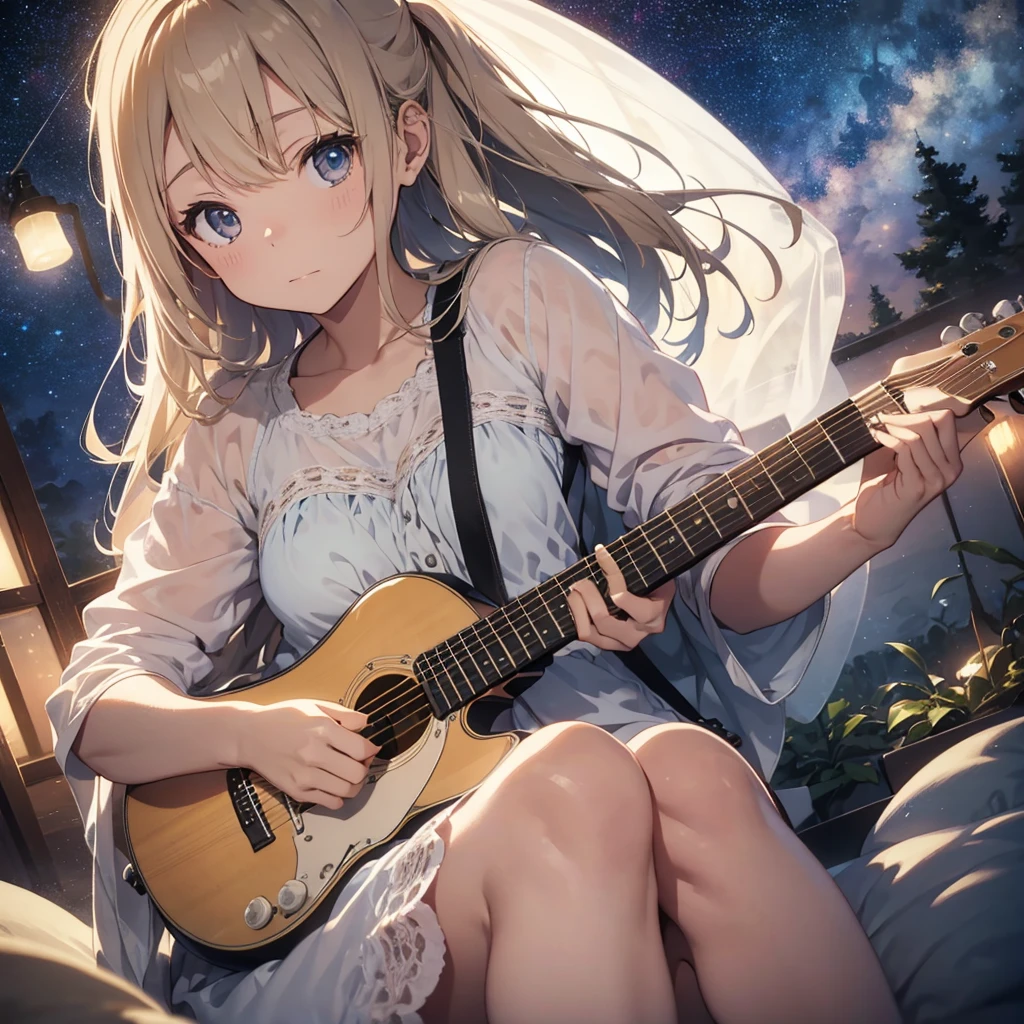 Playing guitar in the dark, Soft lighting, Peaceful atmosphere, Calm, quiet, relax, Calming, dream-like, Gentle music, Cinematic, Soft Focus, Calm colors, pastel, Nightgown, Stratocaster, Starry Sky, Night view,