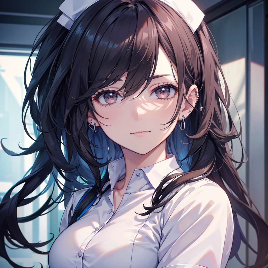 wear scrubs, White or pale blue scrub clothing, 
a nurse aide, with long dark hair, piercing gaze, and a stern expression, no cap, full body view, high resolution, detailed, anime-style illustration, beautiful black hair, almond-shaped eyes, brown eyes, looking down with an intense, psychotic demeanor, large breasts, no piercings, (best quality,4k,8k,highres,masterpiece:1.2),ultra-detailed,(realistic,photorealistic,photo-realistic:1.37), smile,