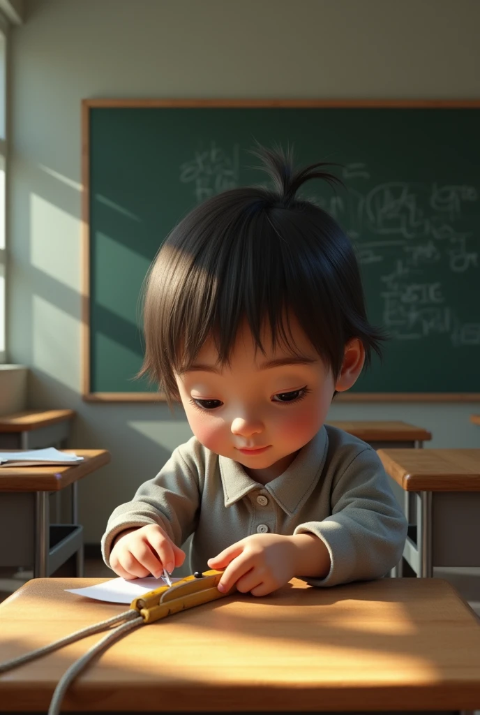 Realistic human child inserting a cord into a dog splint with holes, inside a classroom, that does not seem like it, if not a real person