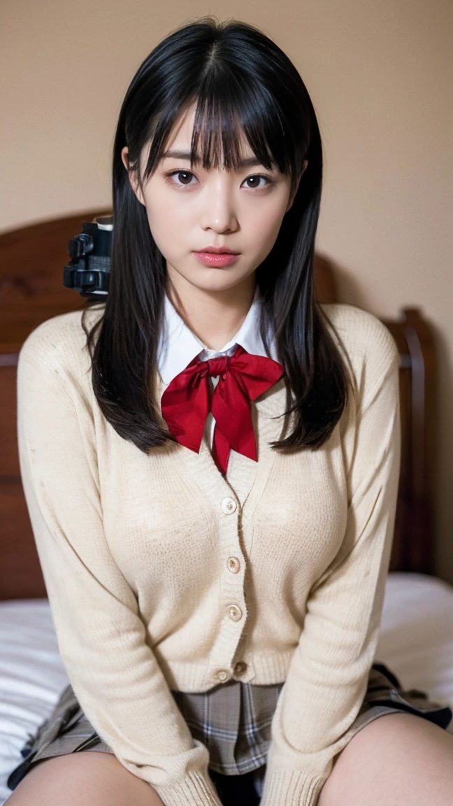 (((8k、High resolution、Highest quality、High resolution)))alone、Natural body shape、White skin、Natural Makeup、Black Hair、bangs、Straight Long Hair、、((High School Uniform)) 、((Beige cardigan、white collared long sleeve blouse))、((Red checkered pleated skirt))、(red school ribbon)、、(Big Breasts:1.3)、((The upper body is wearing a uniform))、(((((Looking into the camera)))))、(((Head to shin portrait)))、(((Exposing your thighs)))、Bedroom、On the bed、Sit with your legs apart、((Focus on the crotch))、White socks