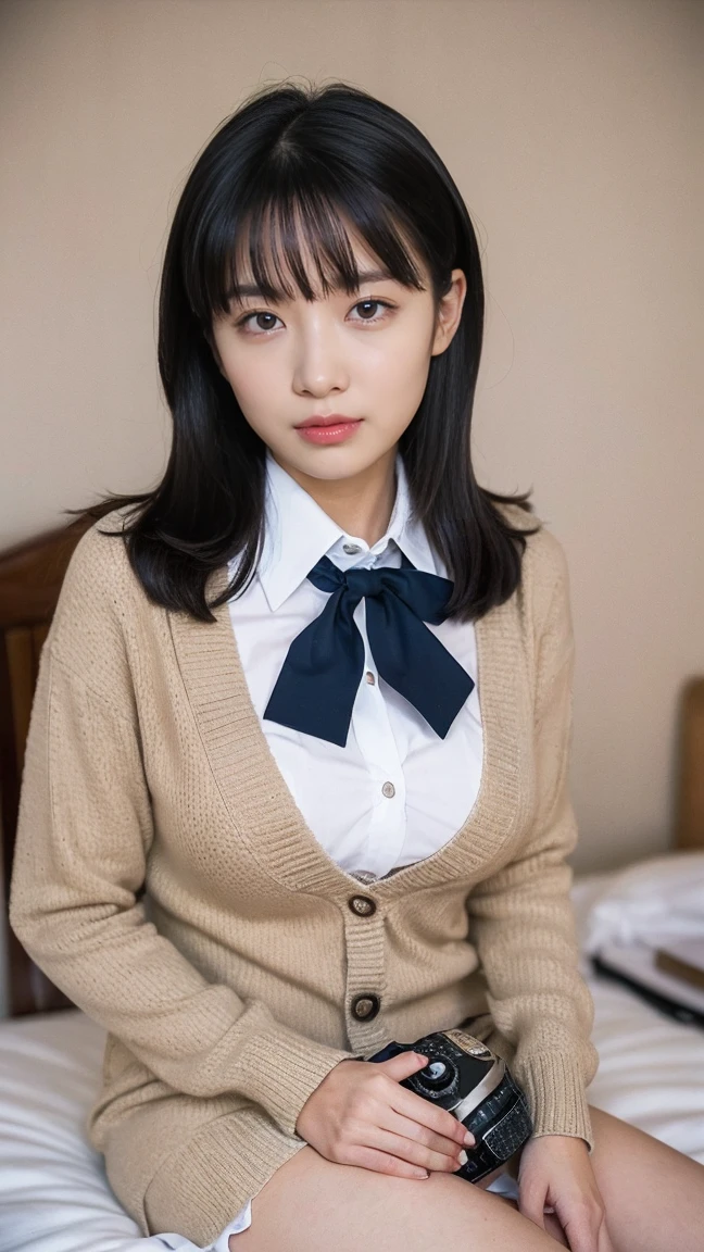 (((8k、High resolution、Highest quality、High resolution)))alone、Natural body shape、White skin、Natural Makeup、Black Hair、bangs、Straight Long Hair、、((High School Uniform)) 、((Beige cardigan、white collared long sleeve blouse))、((Red checkered pleated skirt))、(red school ribbon)、、(Big Breasts:1.3)、((The upper body is wearing a uniform))、(((((Looking into the camera)))))、(((Head to shin portrait)))、(((Exposing your thighs)))、Bedroom、On the bed、Sit with your legs apart、((Focus on the crotch))、White socks