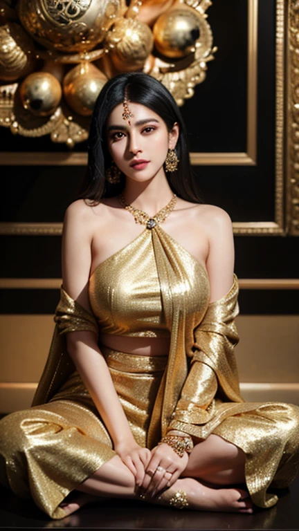 Abhirasha elegantly poses in a refined studio setting, radiating sophistication and fashion forwardness with every curve of her body. Adorned in an exquisite designer ensemble, she flawlessly embodies the perfect balance between luxury and contemporary trends. In her hand, she proudly cradles a coveted statement bag from the brand, its intricate craftsmanship and classic design taking center stage. Abhirasha's visage, adorned with her natural, plump features and her dramatically contrasting black hair with golden highlights, is illuminated to accentuate her captivating, self-assured gaze towards the lens. The depth of the background, a rich, unyielding