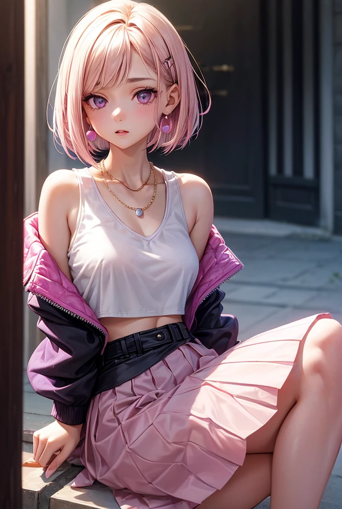 young woman of 20 years old. bob cut brown hair with a blond strand sticking out in front. eyes gradient pink and purple with eyeliner. discreet pink earrings and white necklace with pink pearl. she looks surprised. bare shoulders with crop top. Small breasts. She wear a purple open jacket and a skirt. See from the front of the girl. anime art