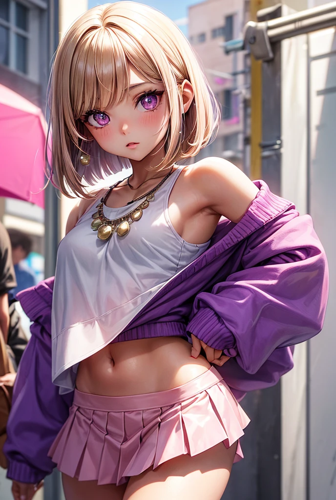young woman of 20 years old. bob cut brown hair with a blond strand sticking out in front. eyes gradient pink and purple with eyeliner. discreet pink earrings and white necklace with pink pearl. she looks surprised. bare shoulders with crop top. Small breasts. She wear a purple open jacket and a skirt. See from the front of the girl. anime art