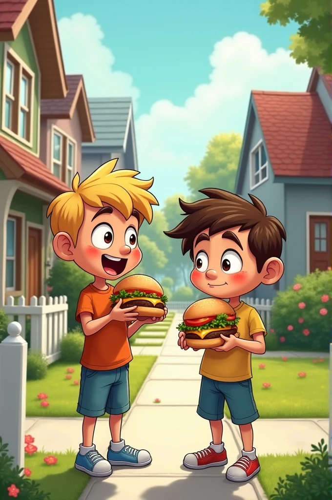 Create an image in Cartoon format, of two kids bribing their neighbors with hamburgers