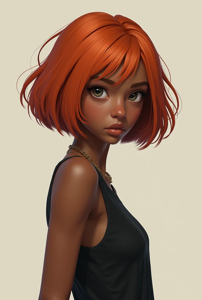 A girl standing with short copper hair and dark skin 