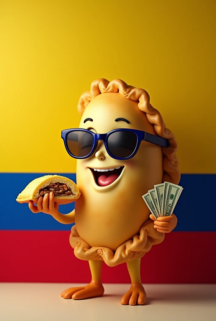 an image of an empanada holding another bitten empanada with sunglasses the empanada that holds it (Colombian empanada) and the empanada that holds it with the Colombian flag behind it and with money in the other hand