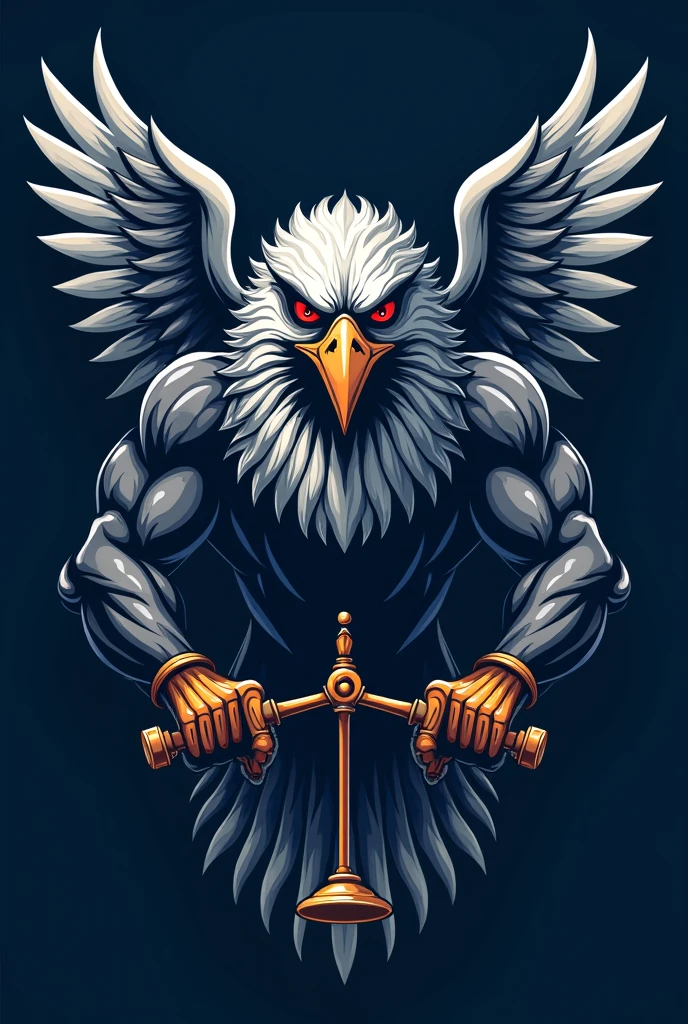 Team logo, emblem in blue tones of a Harpy, the Brazilian imperial eagle, the Brazilian royal hawk, brawny, very strong, with a bad face, holding features that refer to law school and wearing a blindfold, college team logo, from university team, corpo interiro