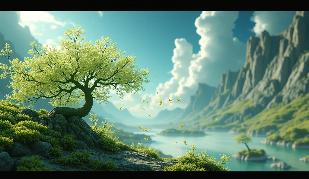 Create an image of the wormwood plant, dropping its petals in 3d with an extraordinary background In horizontal size, as for a wallpaper, that you can see it coming from the left side of the image