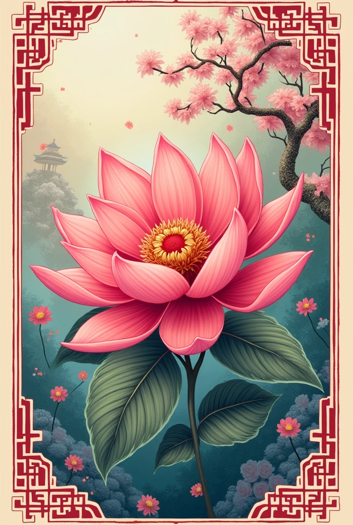 square tag , that has a pink flower with half-Chinese and multi-colored drawings


