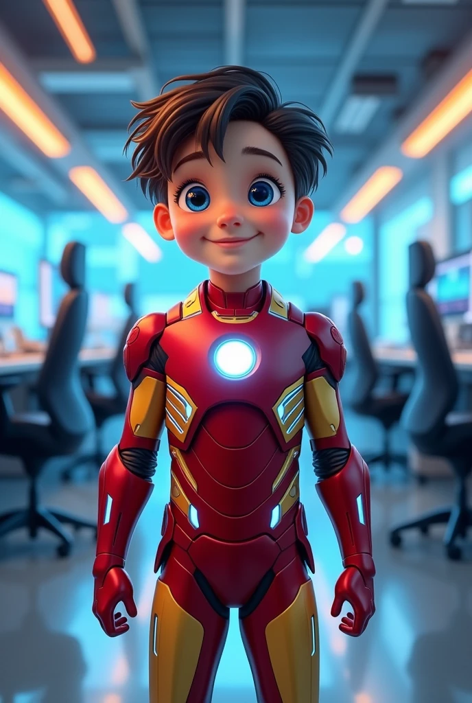 Kid 6 years male, Rounded and small upturned nose, Dark brown medium length hair swept to the side, Marvel Iron Man Outfit, blue eyes, place: futuristic tech office, 