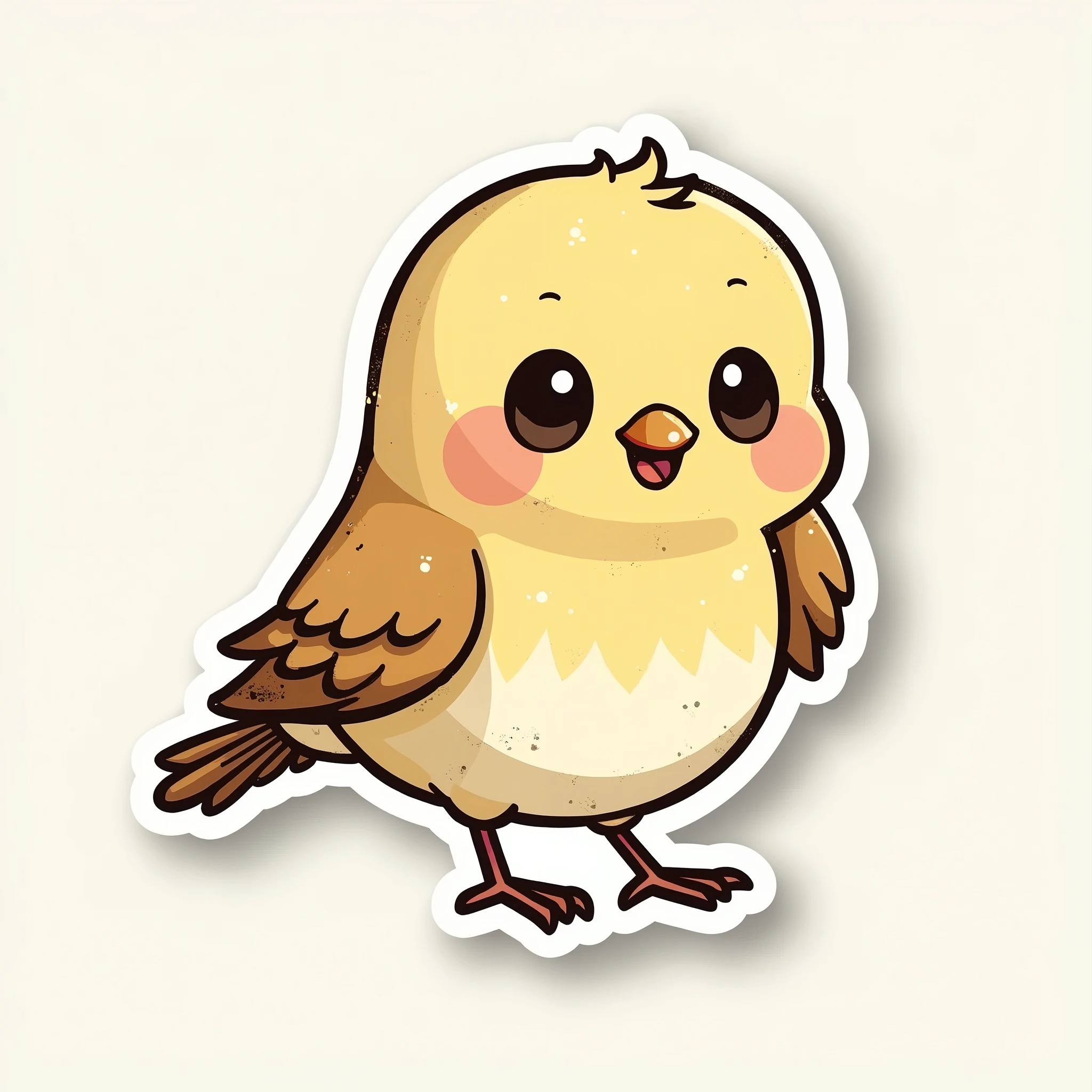 A kawaii bird sticker in vintage style, with desaturated colors and distressed details, with a white border that makes the nostalgic sticker look more defined.