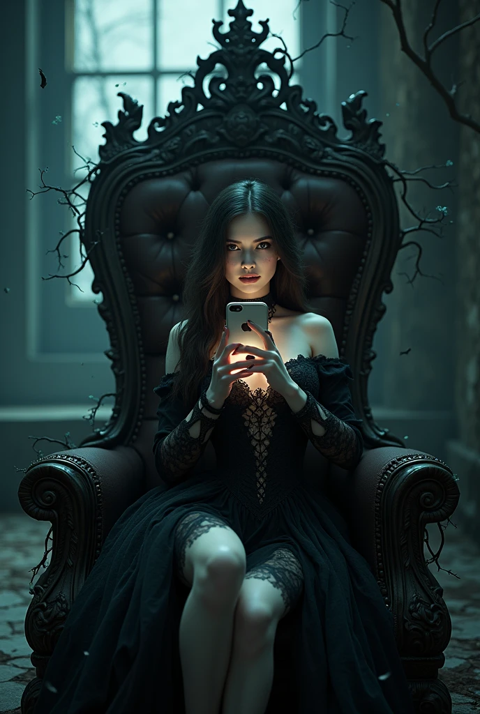 Create the wide-shot (((full-body))) image of a handsome vampire, noble and elegant lady, Beautiful alluring colorless eyes, A vampire with a refined and elegant appearance, Loose long hair and angular features, her skin should be pale and flawless, With a touch of potus transcendental beauty, her eyes should be deep and seductive, (They have to wear detailed and intricate steampunk and detailed gothic valkyrie, Fluttering lace flared long knee length dress with frilly petticoats, long dress, knee length dress, pleated petticoats, lolita dress, petticoats gothic lolita, side-lighting), sitting, leaning on an empty vacant throne, grand in scale and intricacy, blurring the lines between throne and shrine,, and covered in black vines and roots, the background should be shrouded in shadow, Just a hint of moonlight broke through the darkness, ((((In the hands holds a iphone that spreads its glow on his beautiful body)))), What is presented to others, gothic art style, Ultra-realistic realism, Psychedelic surrealist art, Surreal psychedelic design, Dreaming style, psychedelic art, Quality Quantity, skin texture, intricate details, (cinematic graphic lighting), RAW, 8K,