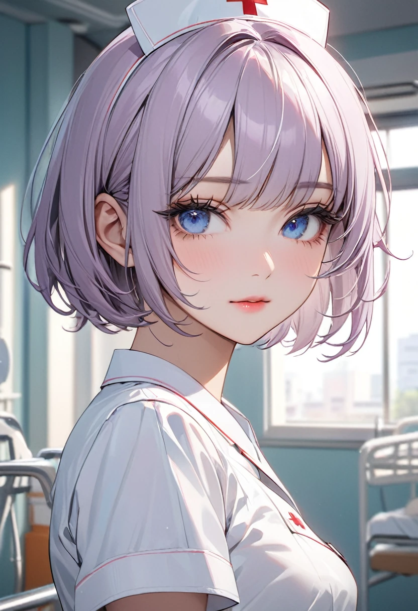 ((best quality)), ((Masterpiece)), (details), Young woman, alone, ( light purple hair, blue eyes, ((short hair)) , beautiful face, Beautiful skin, Long eyelashes, Thick eyelashes) , nurse, หมวกnurse, white nurse dress, hospital,