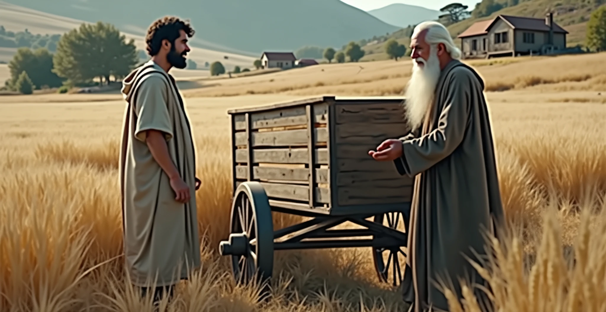 a young Hebrew man with a wooden cart talking to an old Hebrew man with white hair, wooden cart in a wheat field with a wooden house and a cottage, landscape, biblical story, 4k, cinematic image.