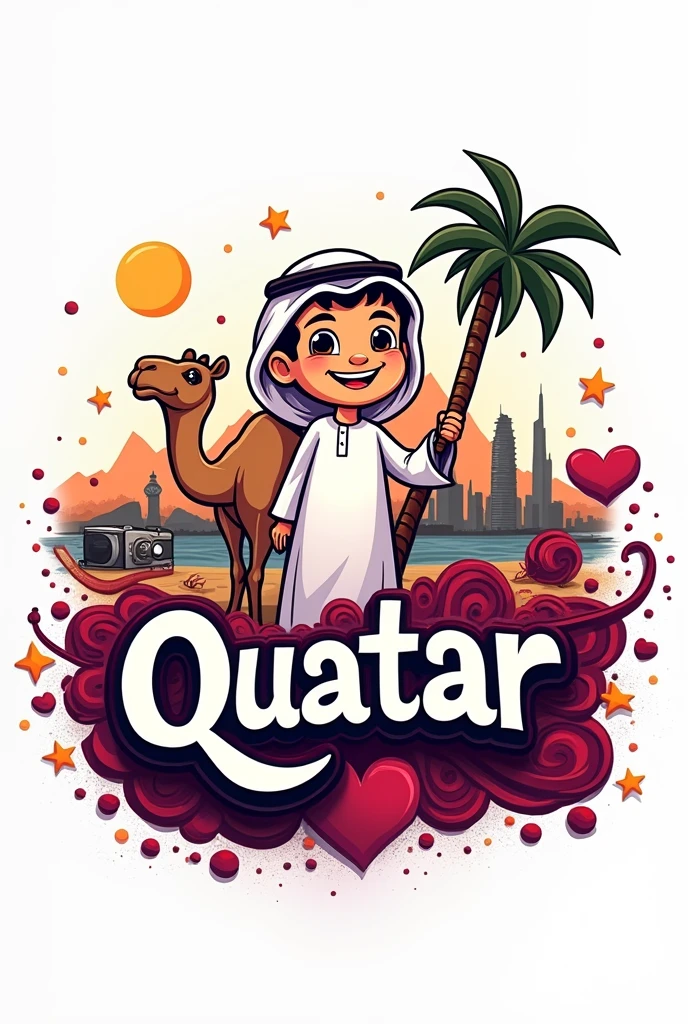 Abstract graffiti style drawing of the "I Love My Country" logo. The logo is a cartoon image of a smiling Qatari boy in traditional dress with a camel behind him, with mountains, a palm tree and the capital Doha with buildings in the background. The background is a vibrant white color. The graffiti style includes elements such as stars, a camera and swirls. The logo also has the text "Qatar" in the middle of the image
