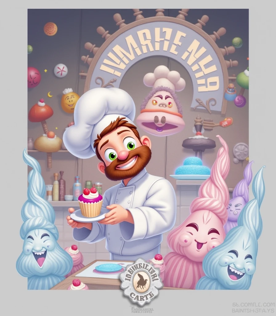 Create a Disney Pixar-inspired poster with the character being a dreamy pastry chef, A man with green eyes, light brown hair and red beard holding a cupcake