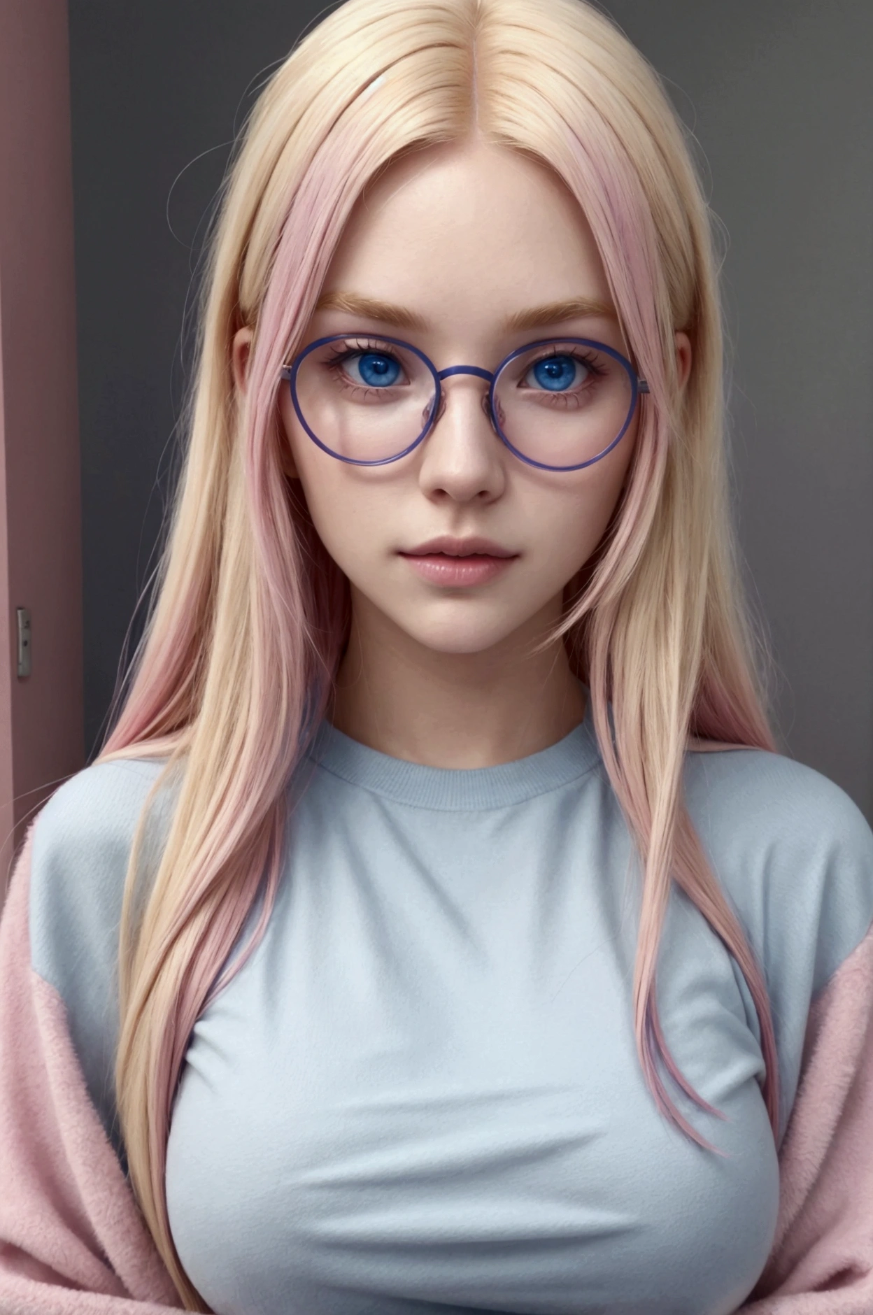 Beautiful 2 blonde model, glasses, blue eyes, pink hair, colorful casual clothes, fit body, Looking at the audience