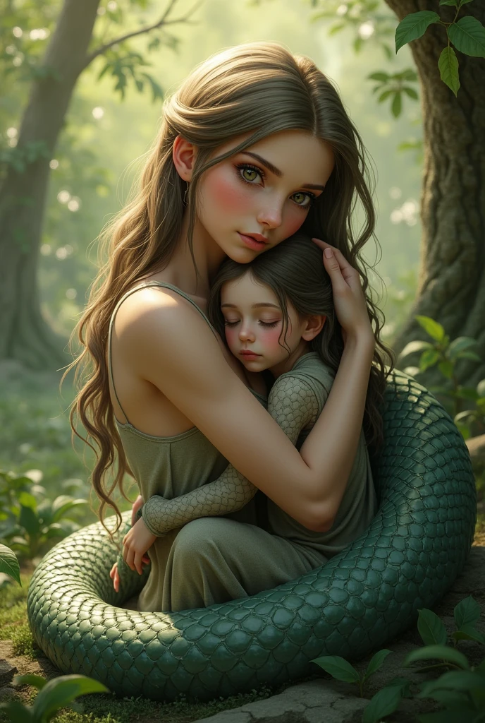 A lamia hugs her daughter in a loving and caring way