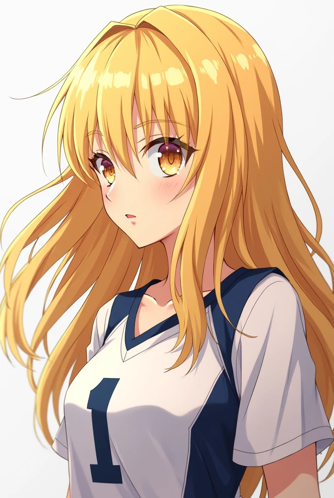 Blonde woman with honey colored eyes, 19yearsold, wearing the Nekoma High School uniform from the anime Haikyuu, shirt number 1, pfp.