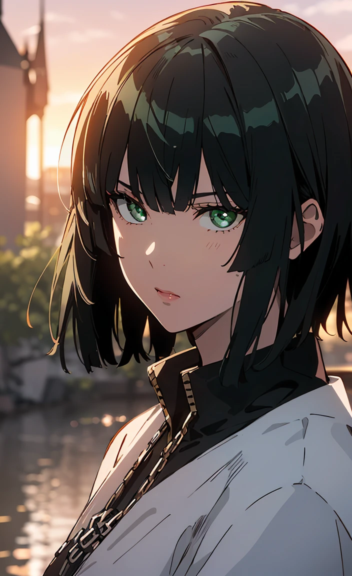(bending her head down:1.15), (masterpiece), (extremely intricate:1.3), (realistic), portrait of a girl, the most beautiful in the world, (medieval armor), metal reflections, upper body, outdoors, intense sunlight, far away castle, professional photograph of a stunning woman detailed, sharp focus, dramatic, award winning, cinematic lighting, octane render unreal engine, volumetrics dtx, (film grain, blurry background, blurry foreground, bokeh, depth of field, sunset, motion blur:1.3), chainmail,green eyes, (green color hair:1.2),By bang,short hair,